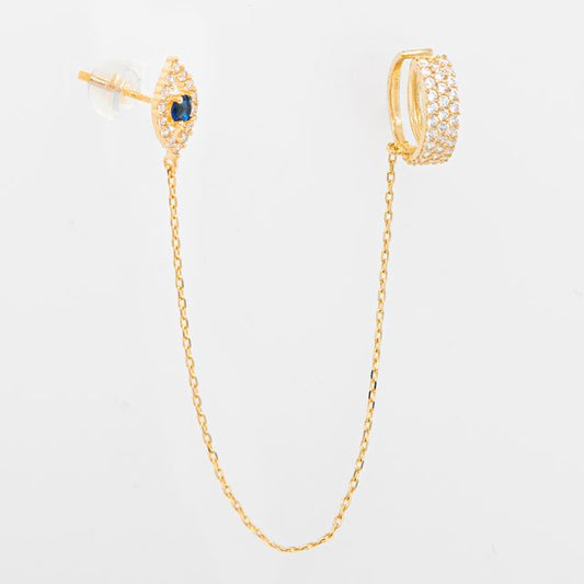 14K Yellow Gold Evil Eye Chain Ear Cuff