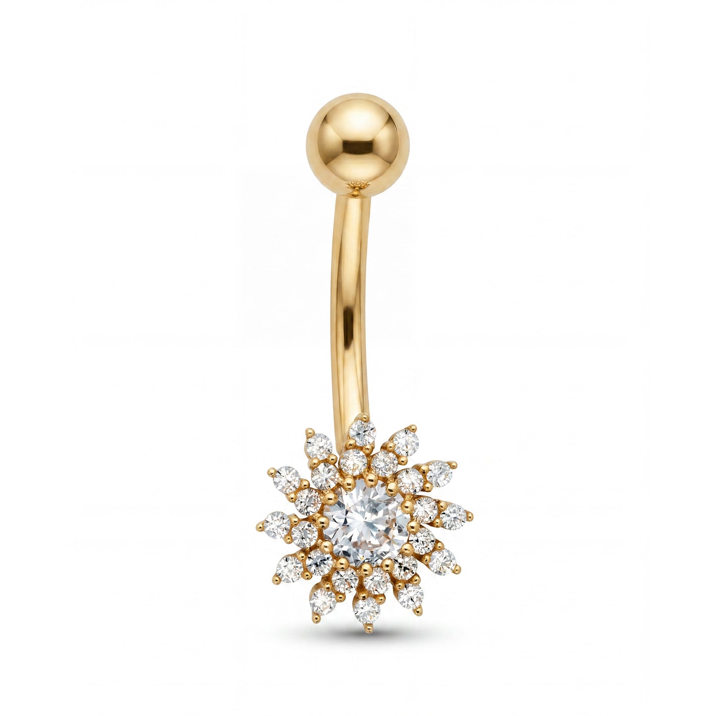 14K Yellow Gold Flower White CZ Halo Belly Ring