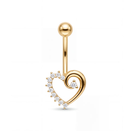 14K Yellow Gold White CZ Open Heart Swirl Dangle Belly Ring