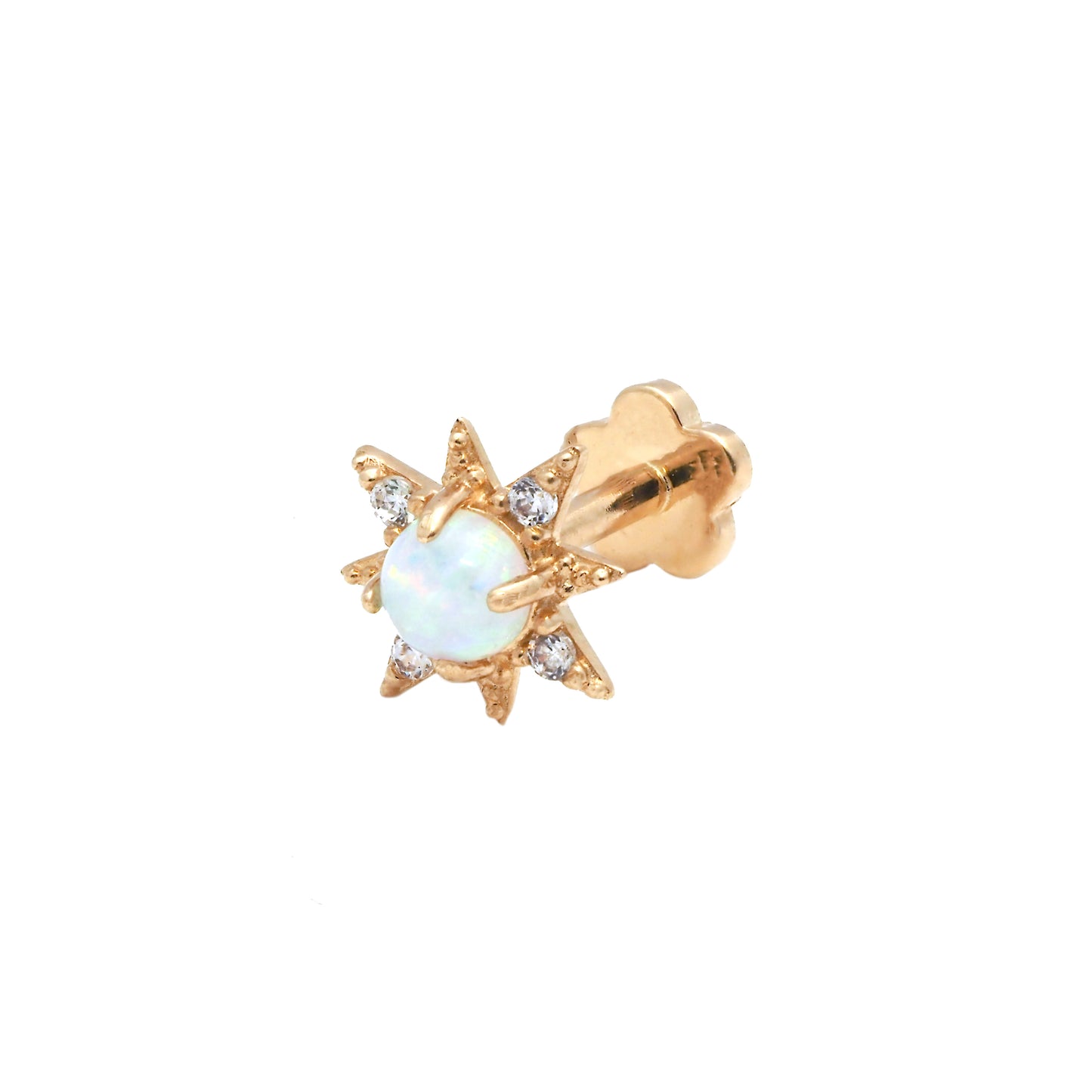 14K Yellow Gold Starbust With CZ & Opal On Center Cartilage Earring
