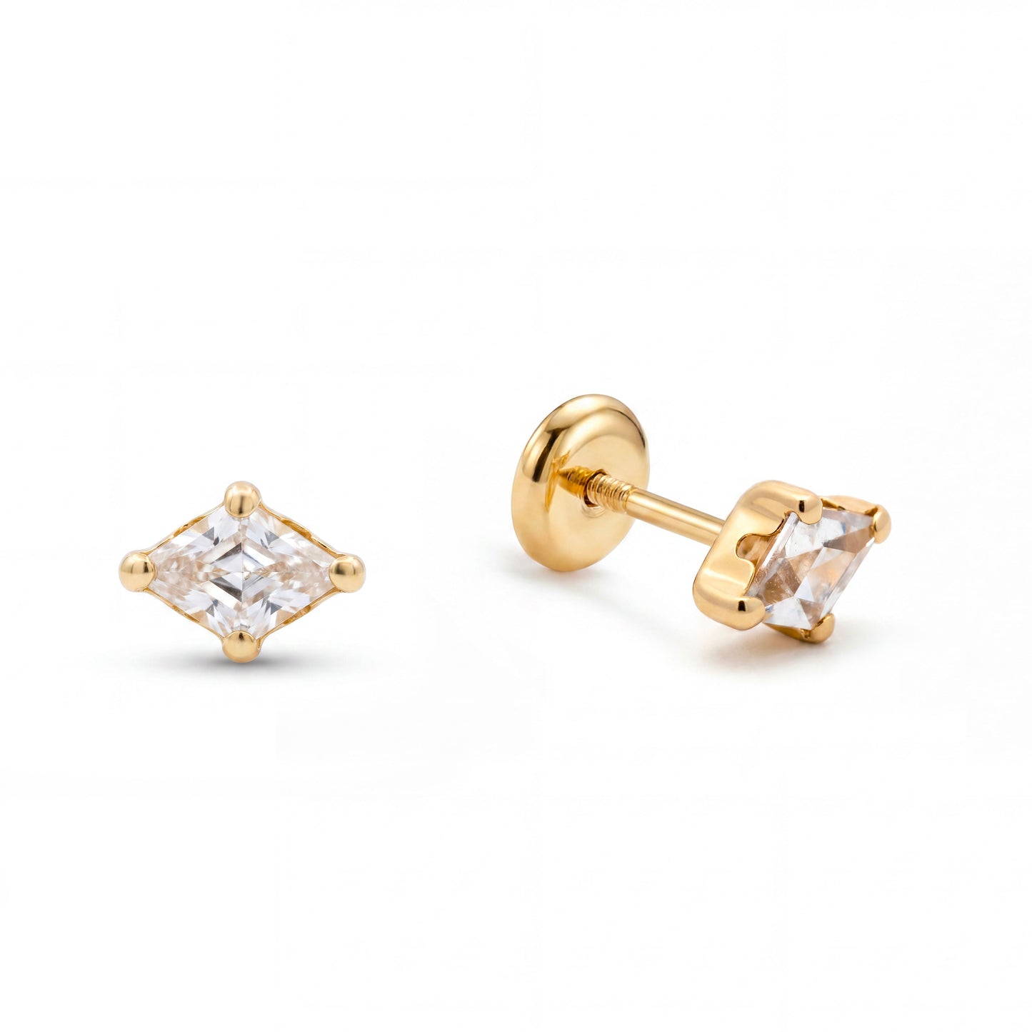 14K Yellow Gold 4mm CZ Rhombus Cut Stud Screwback Earrings
