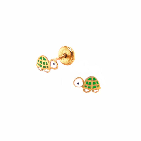 14K Yellow Gold Enamel Green Turtle Screwback Earrings