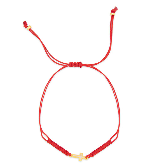 14K Yellow Gold Red String Mother of Pearl Cross Bracelet