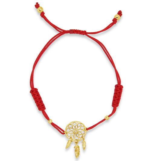 14K Yellow Gold Red String Dream Catcher Bracelet