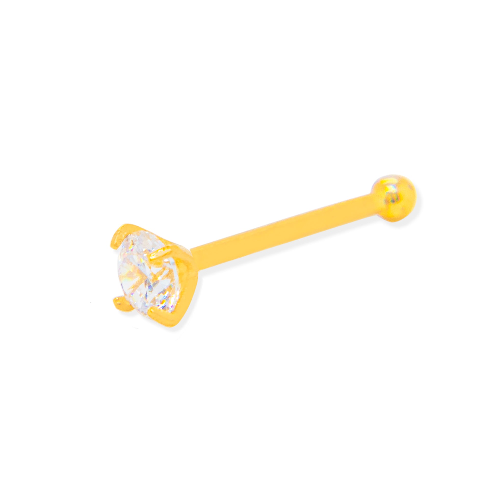 14K Yellow Gold 2MM Classic Round White CZ Nose Ring