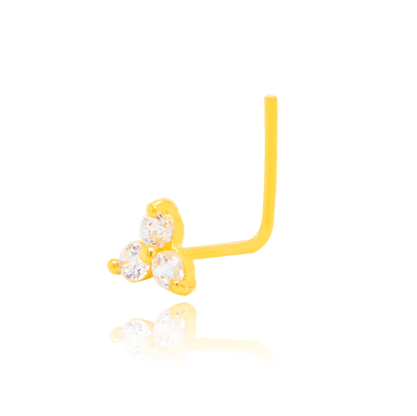 14K Yellow Gold Triple CZ Cluster  L-Bar Nose Ring