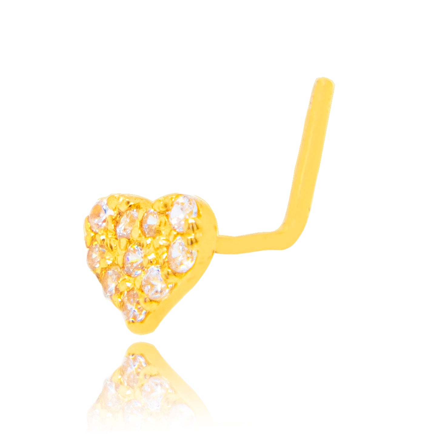 14K Yellow Gold CZ Heart L-Bar Nose Ring