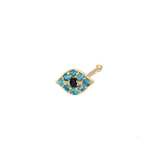 14K Yellow Gold Blue & Black CZ Evil Eye Nose Ring