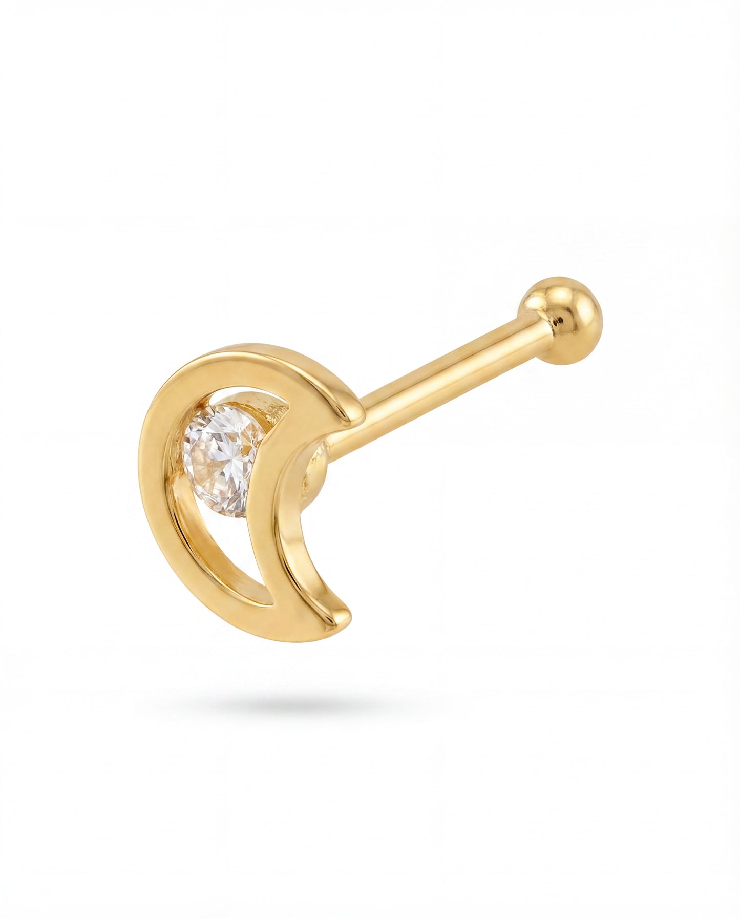 14K Yellow Gold Unique White CZ Moon Shape Nose Ring