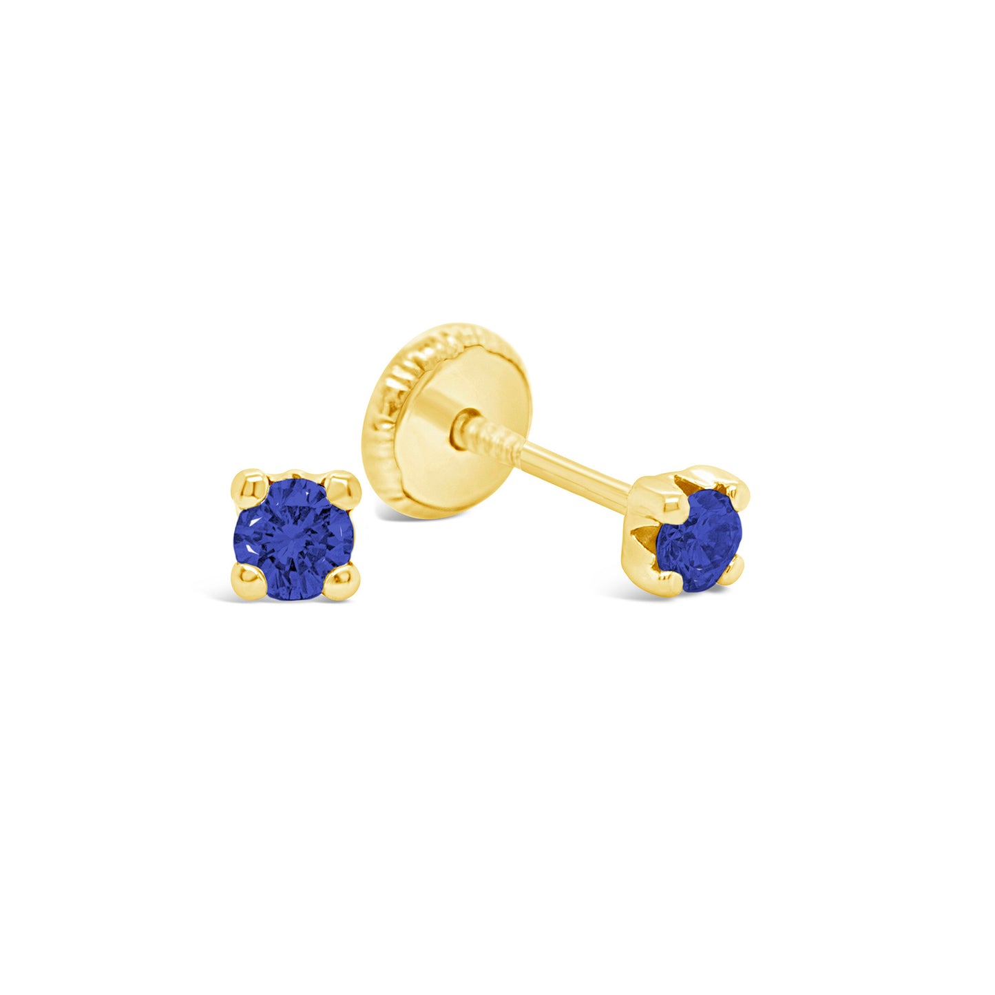 14K Yellow Gold 3MM Blue CZ Stud Screwback Earrings