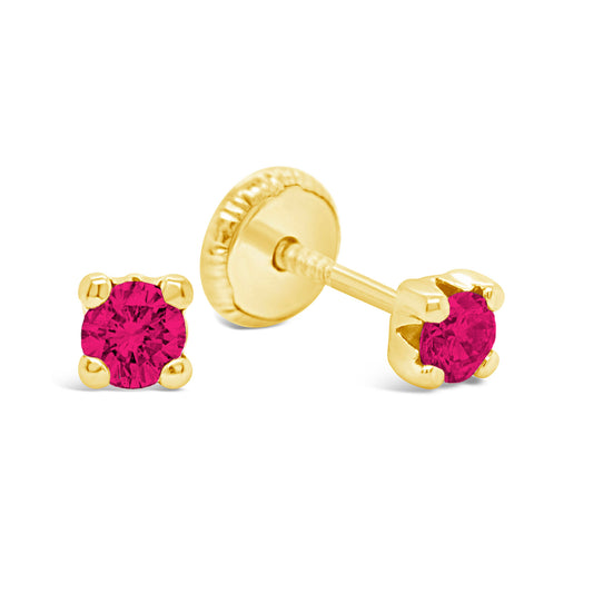 14K Yellow Gold 3MM Red CZ Stud Screwback Earrings