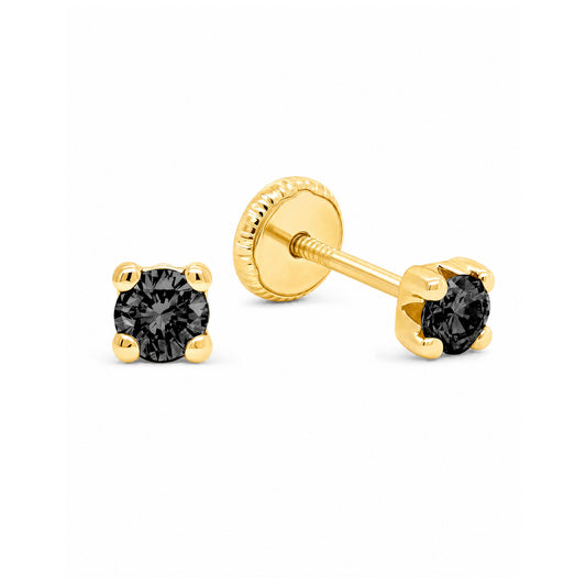 14K Yellow Gold 4MM Black CZ Stud Screwback Earrings