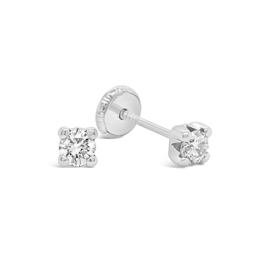14K White Gold 4MM White CZ Stud Screwback Earrings-1