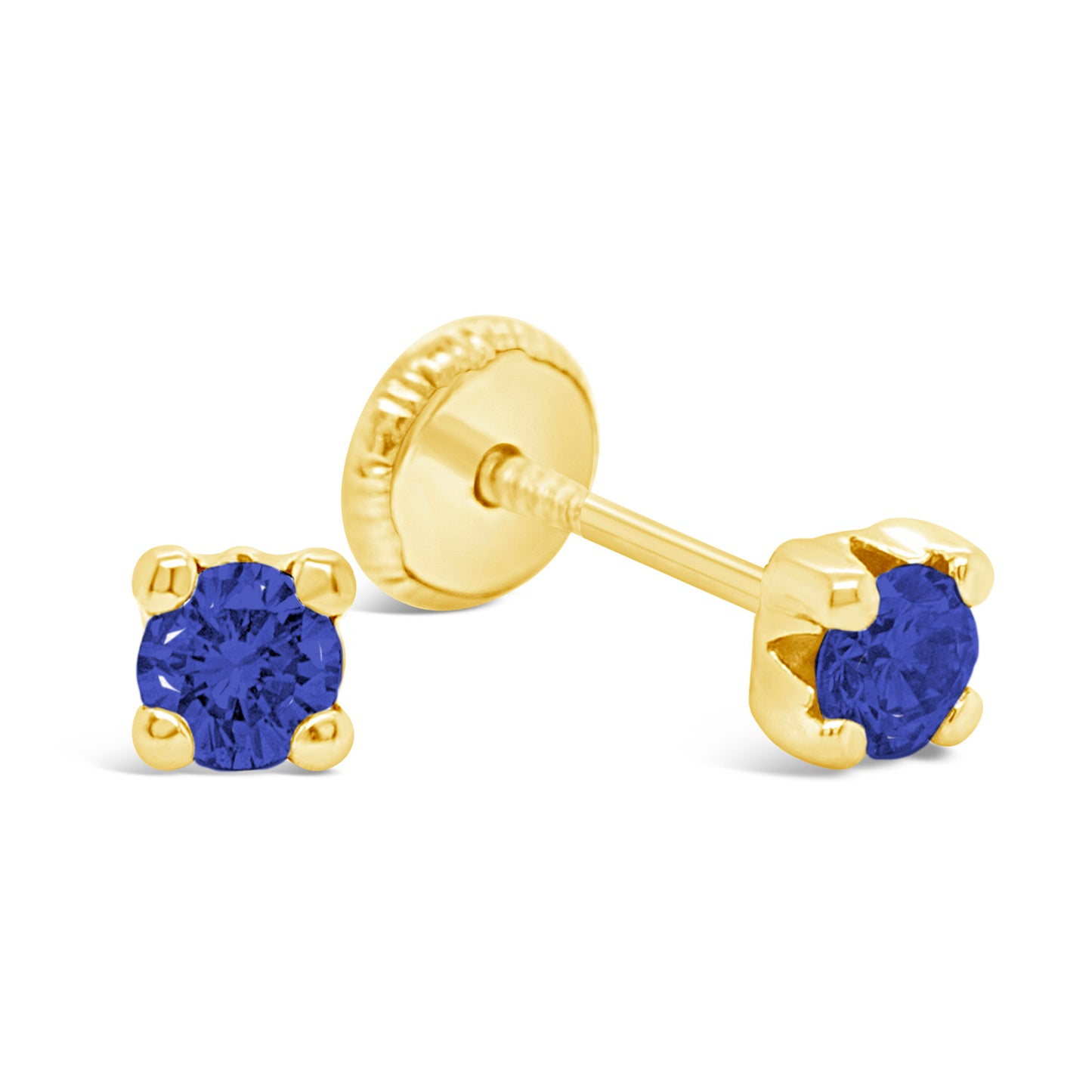 14K Yellow Gold 4MM Blue CZ Stud Screwback Earrings