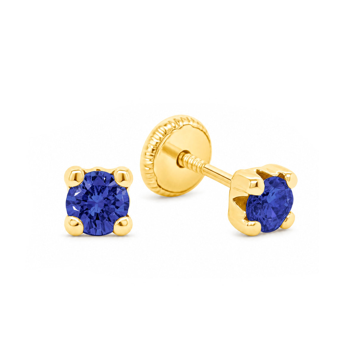 14K Yellow Gold 4MM Blue CZ Stud Screwback Earrings
