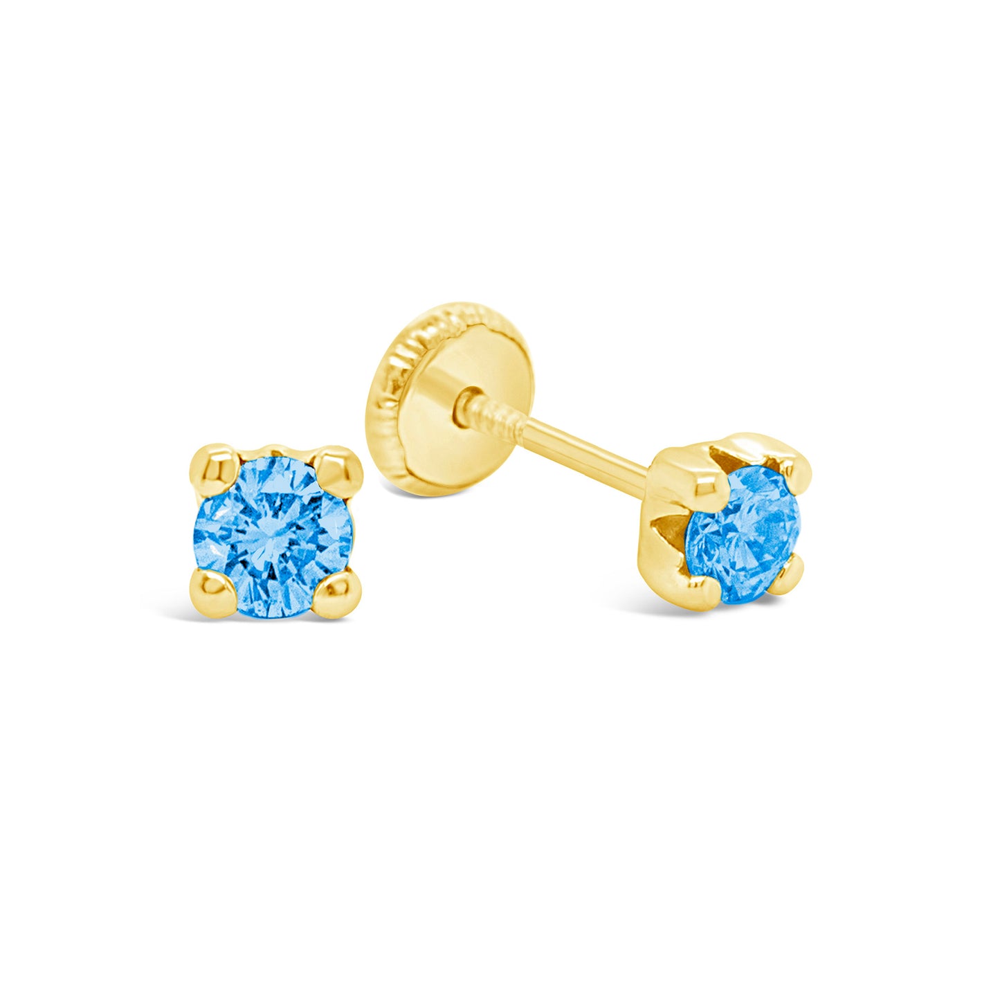 14K Yellow Gold 4MM Light Blue CZ Stud Screwback Earrings
