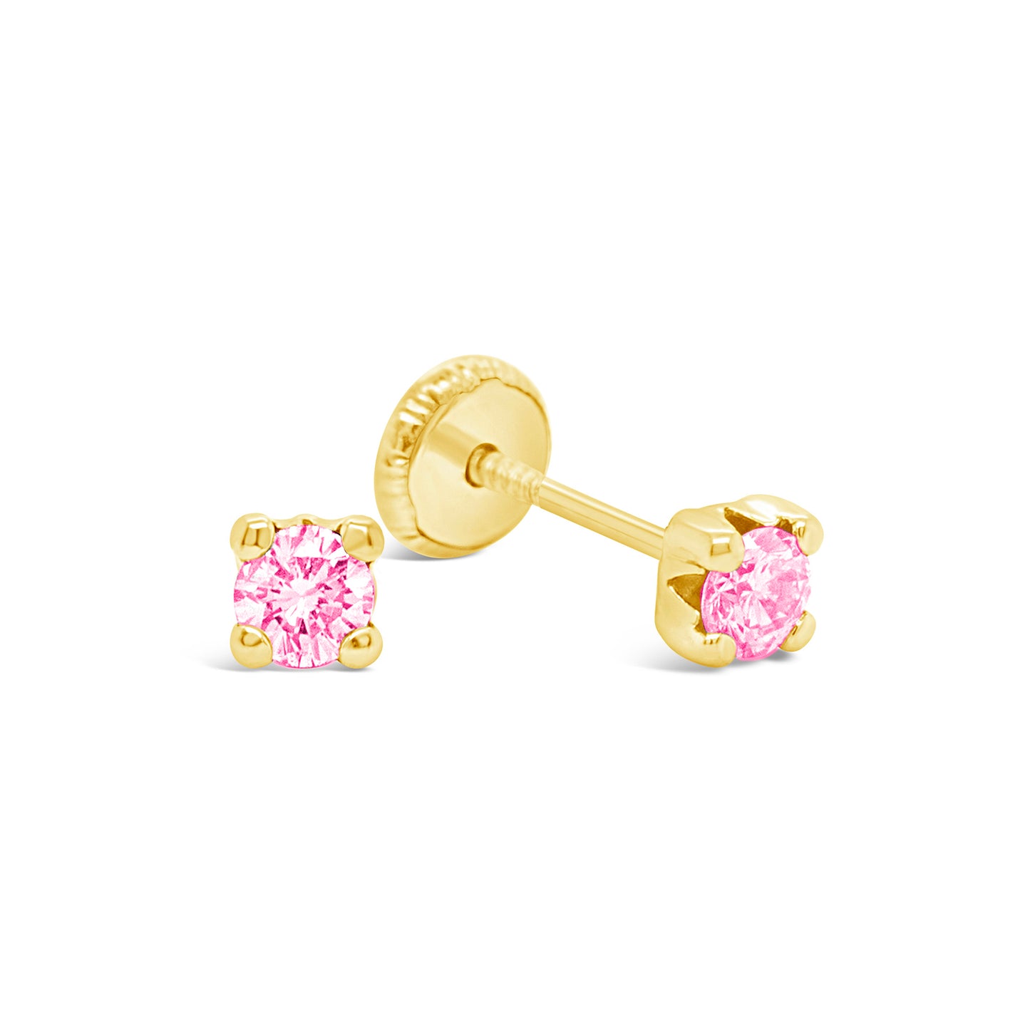 14K Yellow Gold 4MM Pink CZ Stud Screwback Earrings