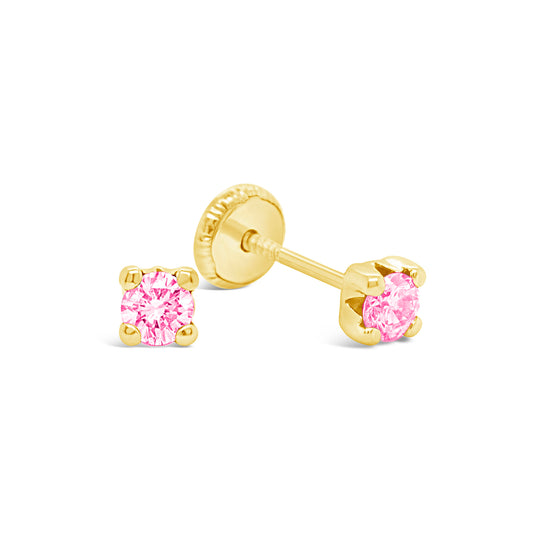 14K Yellow Gold 4MM Pink CZ Stud Screwback Earrings