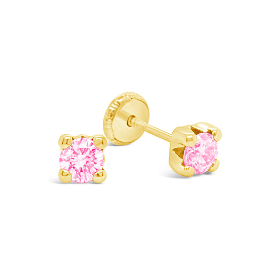 14K Yellow Gold 5MM Pink CZ Stud Screwback Earrings