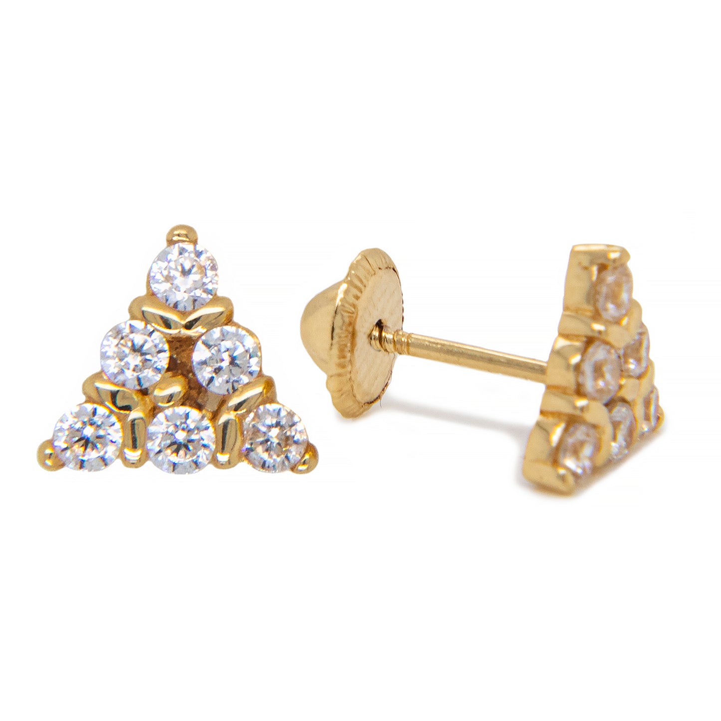 14K Yellow Gold White CZ Triangle Cluster Stud Screwback Earring