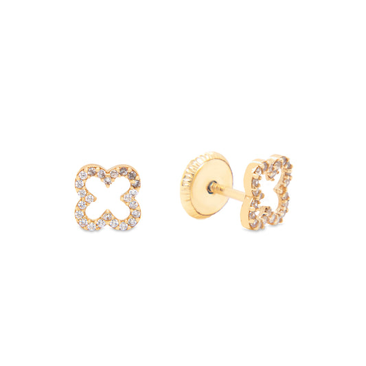 14K Yellow Gold Small Open Clover Pave White CZ Stud Screwback Earrings