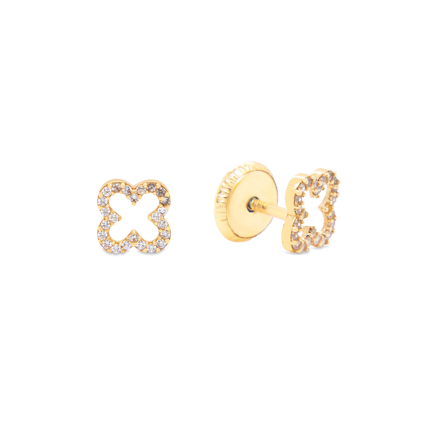 14K Yellow Gold Extra Small Open Clover Pave White CZ Stud Screwback Earrings