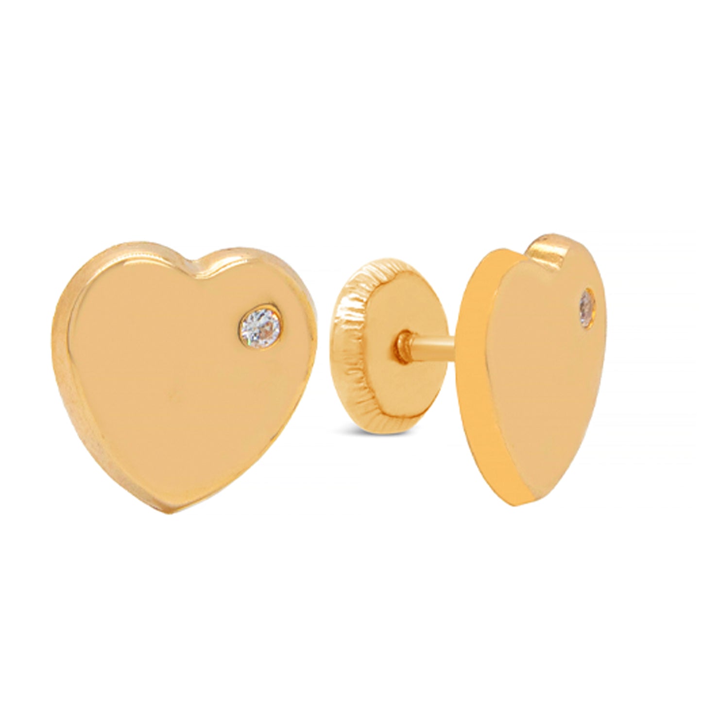 14K Yellow Gold Large Domed Heart with Solitaire CZ Stud Screwback Earrings