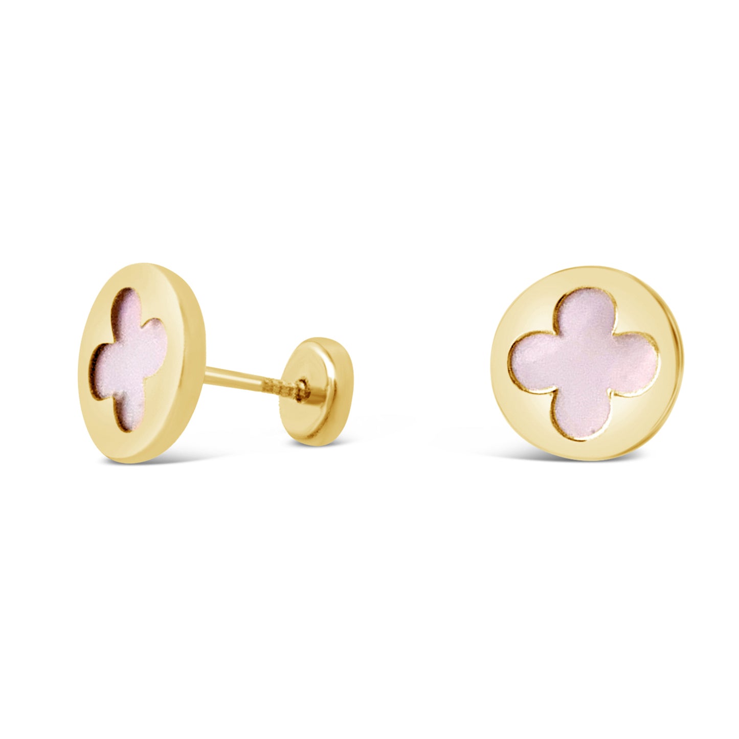 14K Yellow Gold Large Mother of Pearl Round Clover Screwback Earrings