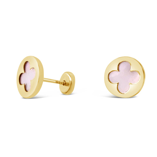 14K Yellow Gold Large Mother of Pearl Round Clover Screwback Earrings