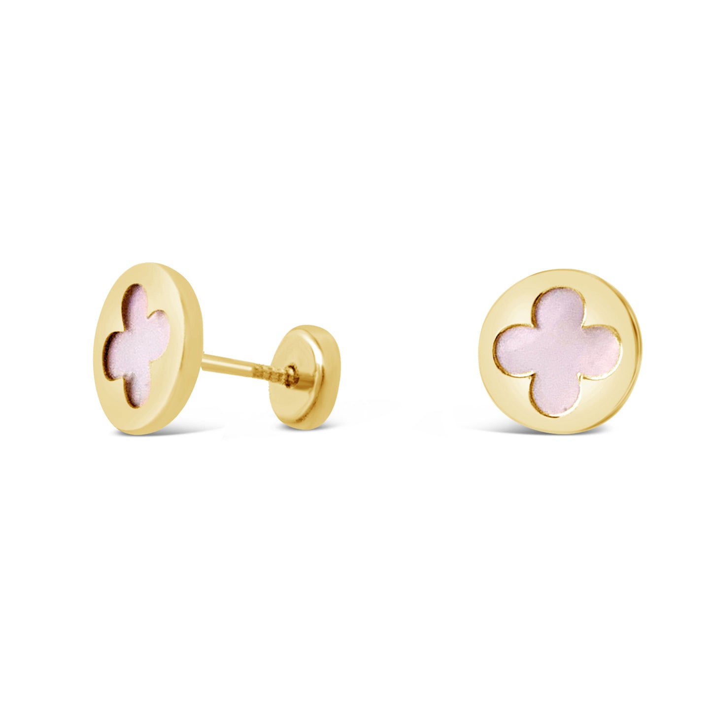 14K Yellow Gold Small Mother of Pearl Round Clover Screwback Earrings