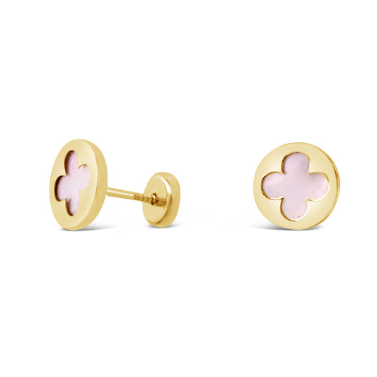 14K Yellow Gold Small Mother of Pearl Round Clover Screwback Earrings