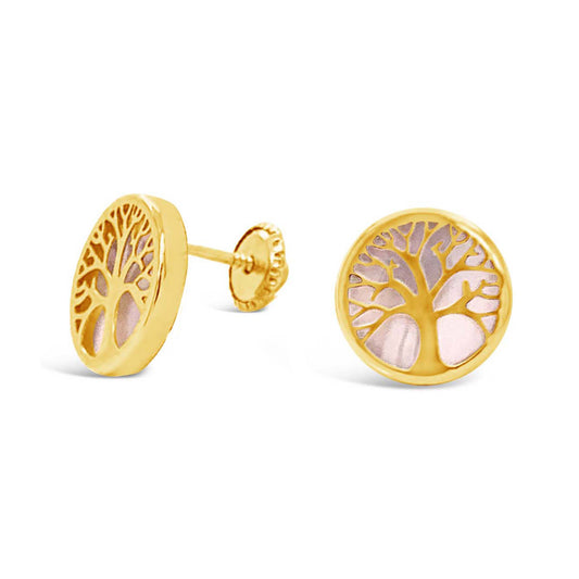 14K Yellow Gold Medium Mother of Pearl Tree of Life Screwback Earrings