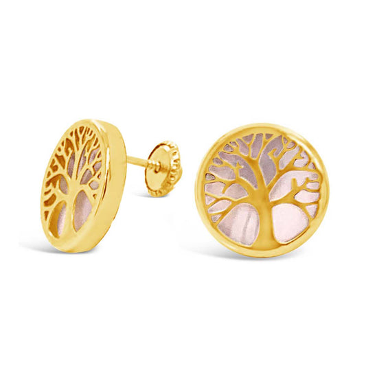 14K Yellow Gold Extra Large Mother of Pearl Tree of Life Screwback Earrings