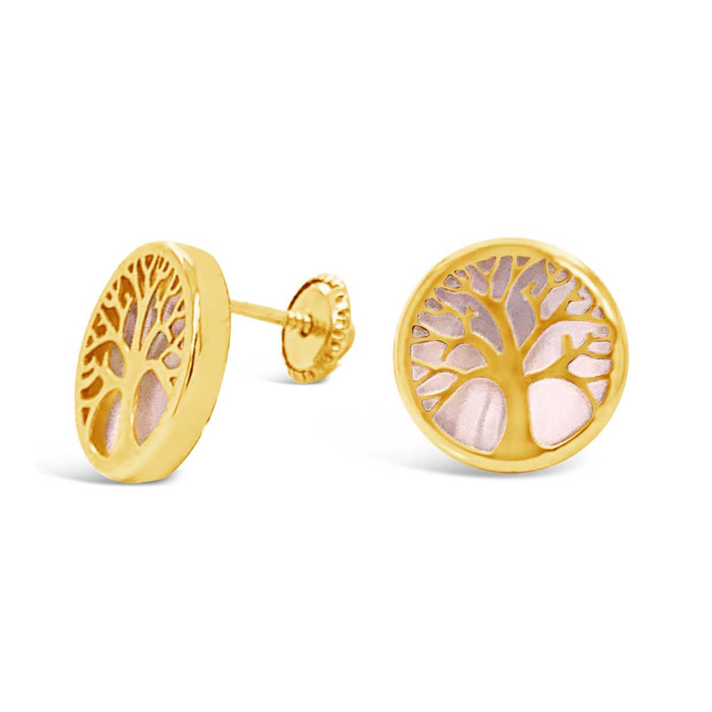 14K Yellow Gold Small Mother of Pearl Tree of Life Screwback Earrings