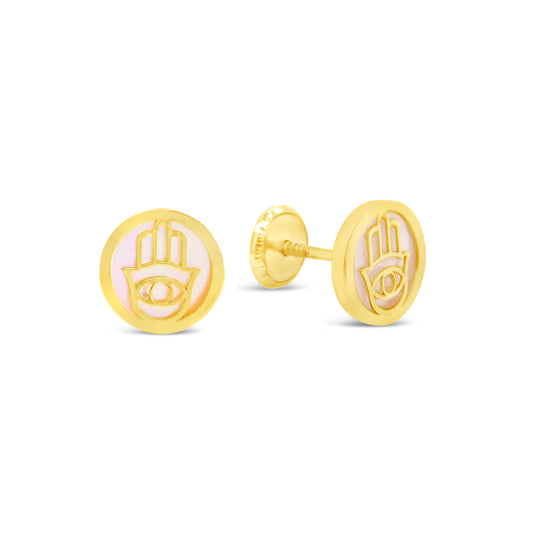 14K Yellow Gold Small Mother of Pearl Round Hamsa Screwback Earrings