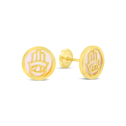 14K Yellow Gold Medium Mother of Pearl Round Hamsa Screwback Earrings