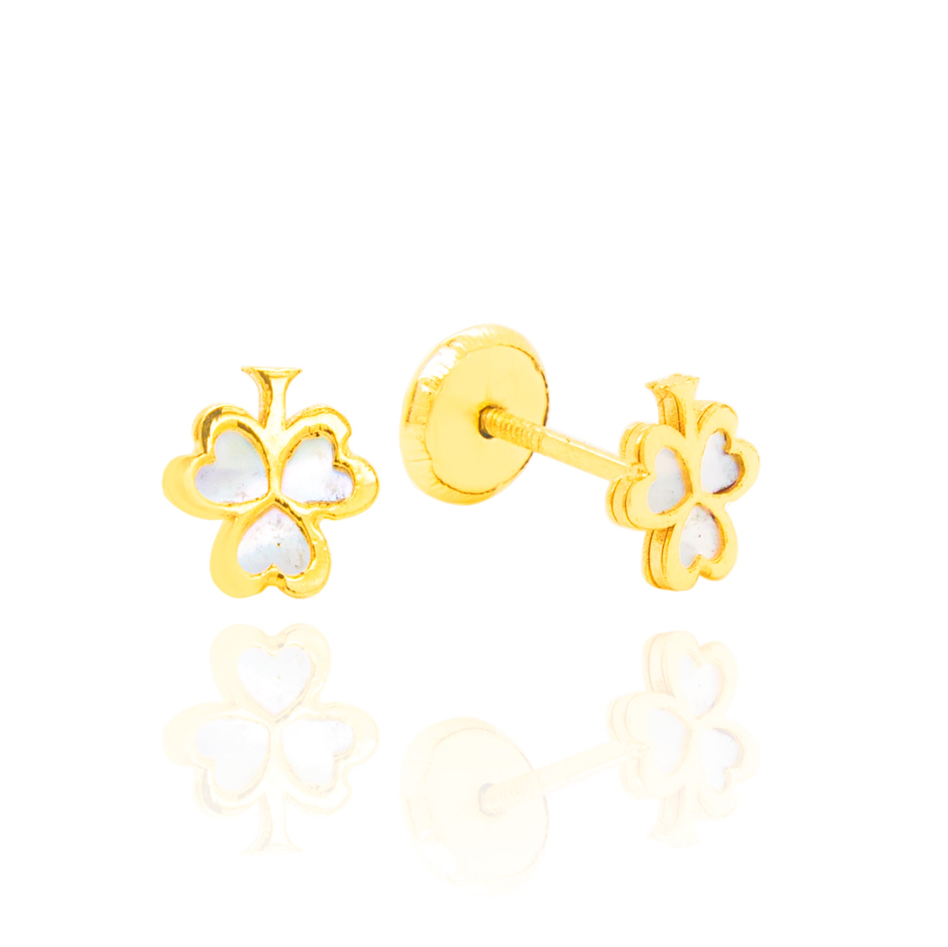 14K Yellow Gold Small Mother of Pearl Lucky Clover Screwback Earrings