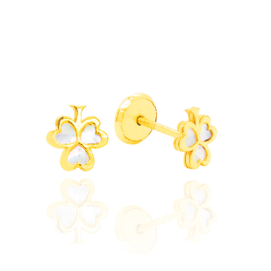 14K Yellow Gold Medium Mother of Pearl Lucky Clover Screwback Earrings