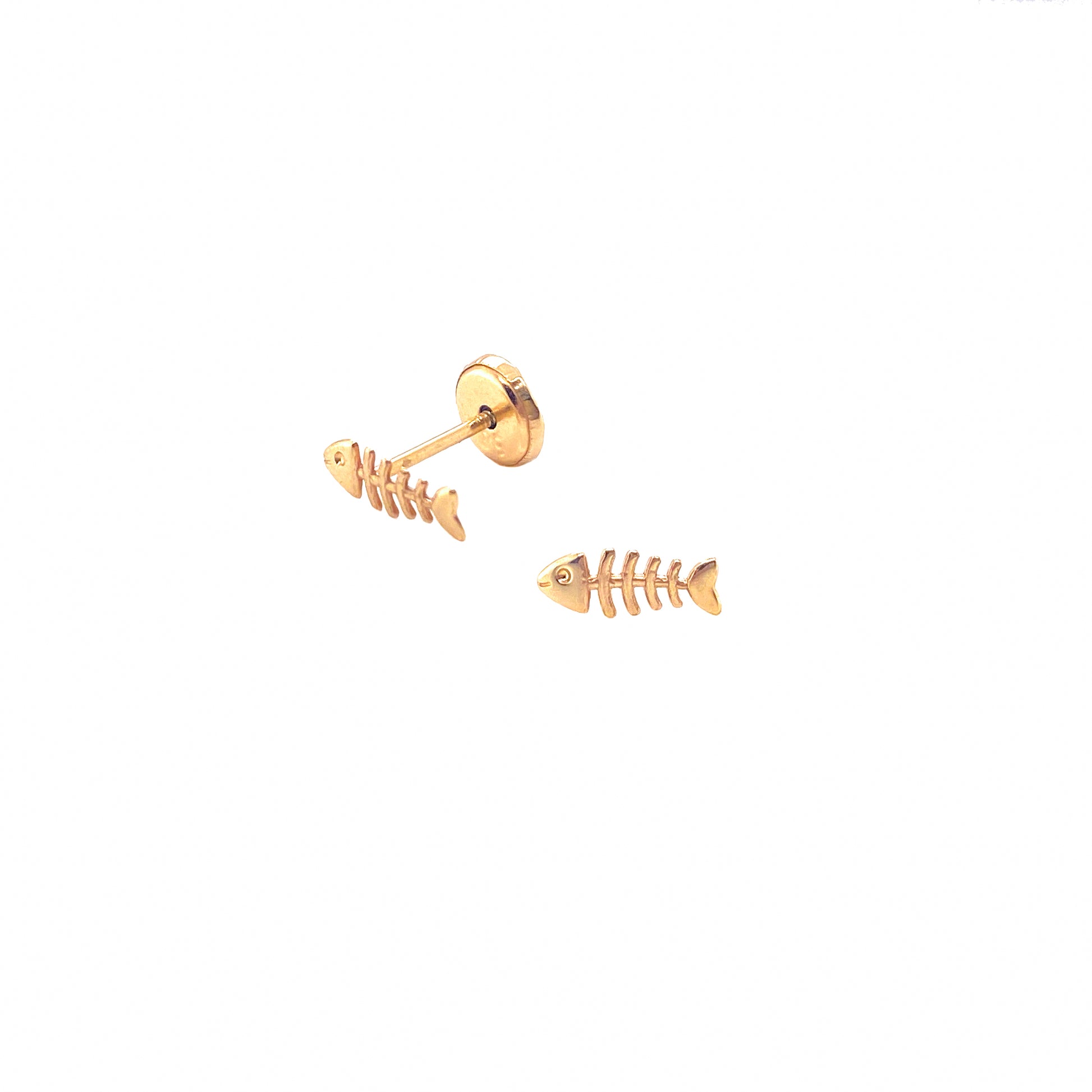 14K Yellow Gold Fish Skeleton Screwback Earrings