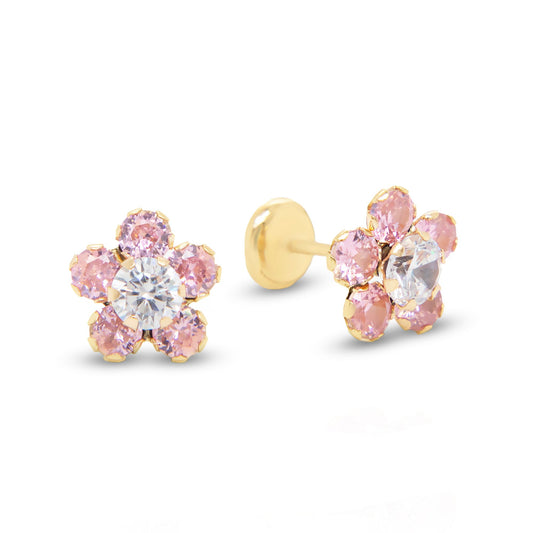 14K Yellow Gold Medium Pink CZ Round Flower Stud Screwback Earrings
